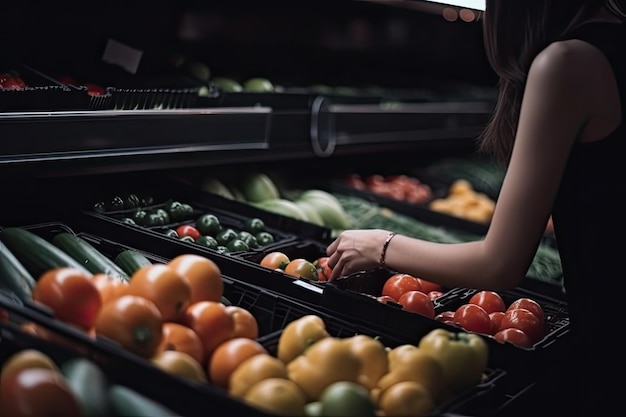 Close-up de uma jovem mulher escolhendo vegetais frescos em uma mercearia Foco em primeiro plano Uma visão de close-up de um consumidor feminino comprando mantimentos em uma loja AI Gerado