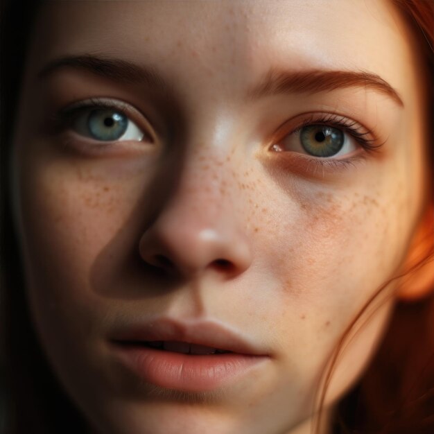 Close-up de uma jovem mulher ou menina com sardas no rosto