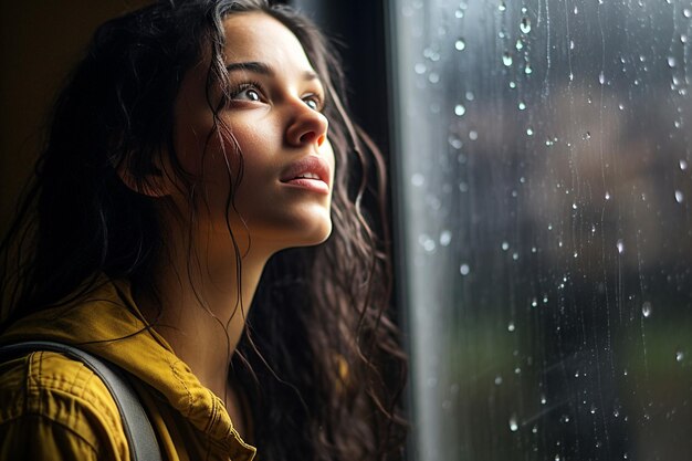 Close-up de uma jovem olhando para fora através de uma janela salpicada de chuva com reflexo de luz natural