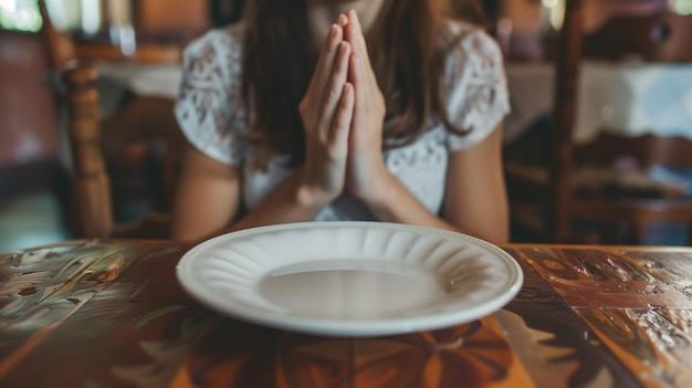 Foto close-up de uma jovem rezando com as mãos juntas em um restaurante