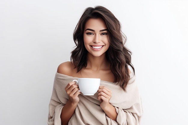Foto close-up de uma jovem segurando uma xícara de café em fundo branco