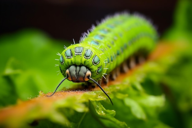 Close-up de uma lagarta peluda em vegetação exuberante