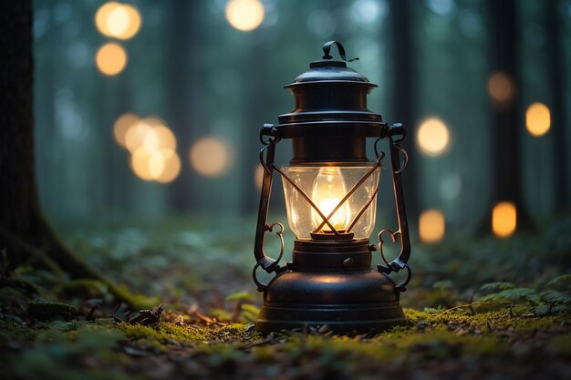 Foto close-up de uma lâmpada de óleo na floresta com luzes desfocadas