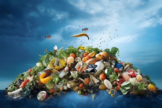 Close-up de uma lata de lixo cheia de resíduos alimentares e lixo