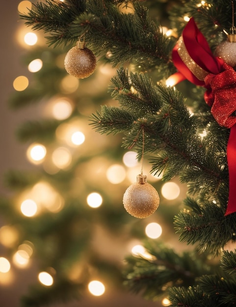 Close-up de uma linda árvore de Natal em um aconchegante papel de parede de fundo desfocado