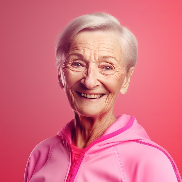 Close-up de uma linda mulher idosa em um blusão rosa sobre um fundo rosa isolado