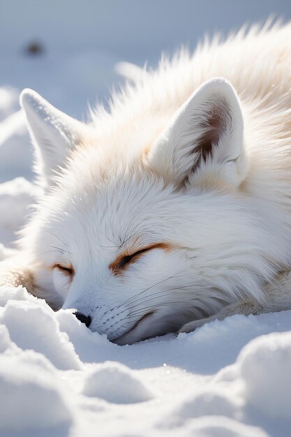 Foto close-up de uma linda raposa branca dormindo na neve criada usando tecnologia de ia generativa