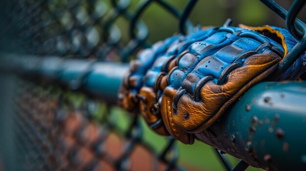 Foto close up de uma luva de beisebol em uma cerca ia geradora