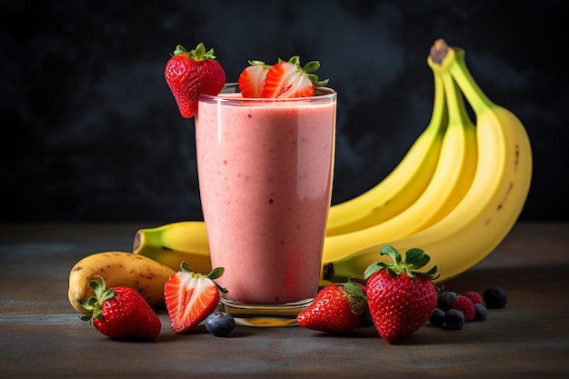 Close-up de uma mão adicionando pó de proteína ao misturador com morangos e bananas