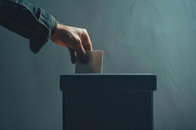 Foto close up de uma mão colocando um boletim eleitoral em uma urna eleitoral