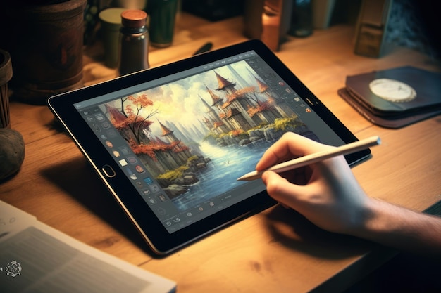 Close-up de uma mão de designer gráfico desenhando em um tablet digital Generative AI