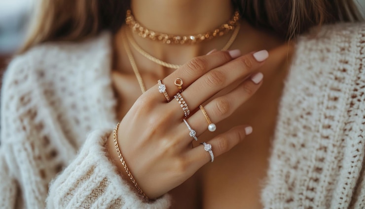 Foto close-up de uma mão de mulher com jóias