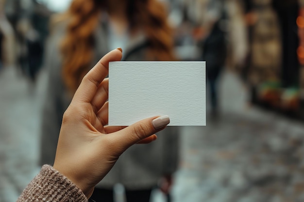 Close up de uma mão de mulher segurando um cartão de visita em branco Mockup