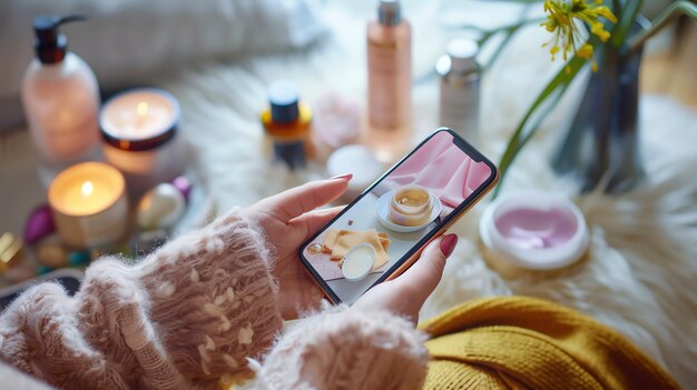 Foto close-up de uma mão de mulher segurando um smartphone e tirando uma foto de um produto de beleza