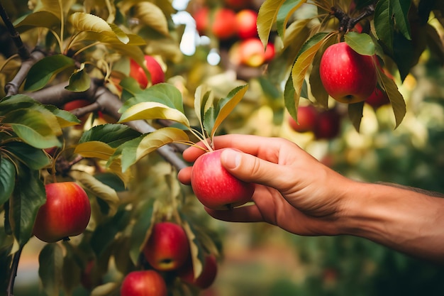 Close-up de uma mão de pessoa pegando uma maçã de uma árvore