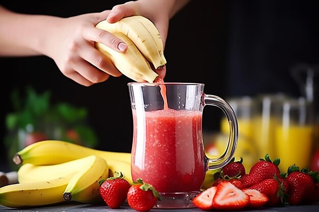 Foto close-up de uma mão derramando iogurte no misturador com morangos e bananas