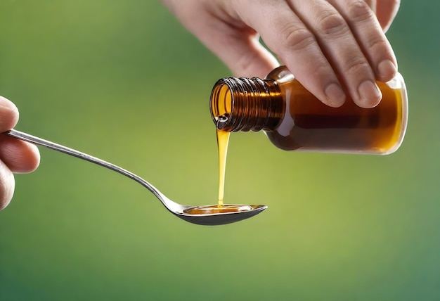 Close-up de uma mão derramando medicamento líquido de uma garrafa marrom em uma colher contra um fundo verde borrado com uma flor branca em primeiro plano