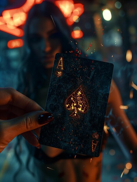 Foto close-up de uma mão feminina esbelta segurando uma carta de jogo preta