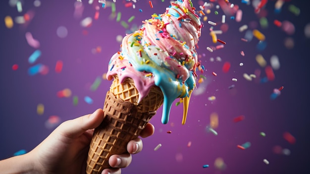 Close-up de uma mão mergulhando um cone de sorvete em um recipiente cheio de salpicaduras de arco-íris