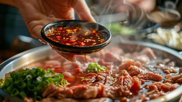 Close-up de uma mão mergulhando um pedaço de carne cozida em uma pequena tigela de molho de mergulho saboroso ao lado de uma panela quente