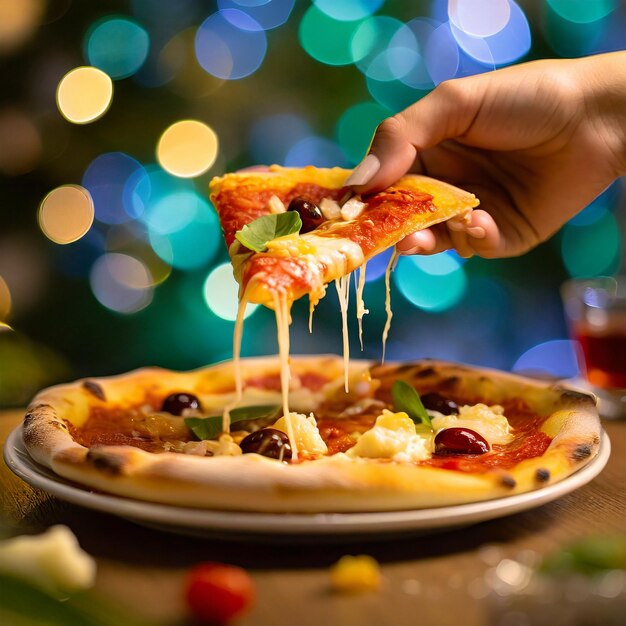 Close up de uma mão pegando uma única fatia de pizza fotografia de alta resolução queijo bokeh