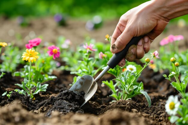 Close-up de uma mão plantando flores com uma pá