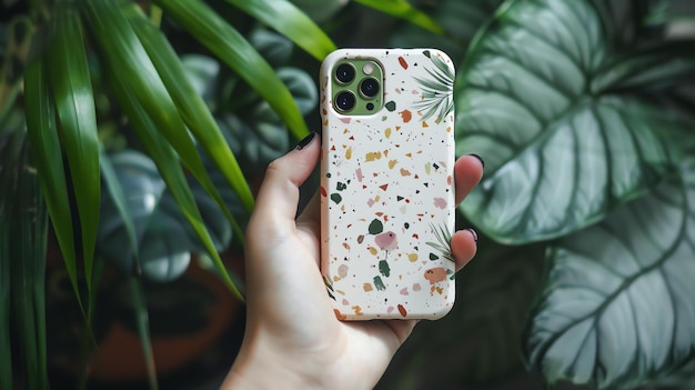 Close-up de uma mão segurando um telefone com uma caixa verde com um padrão de folha tropical contra um fundo de folhas verdes