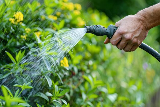 Close up de uma mão segurando um tubo de mangueira regando o jardim no verão