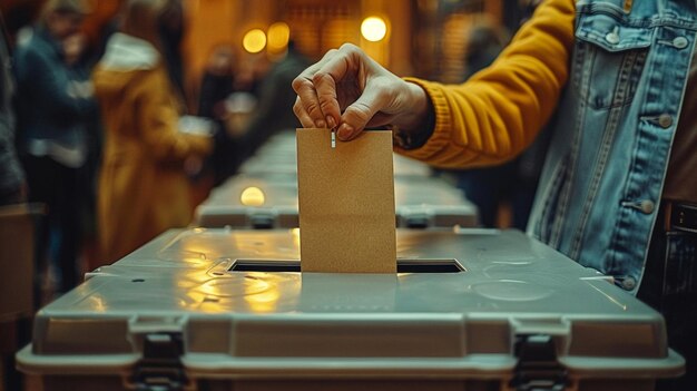 Close-up de uma mão votando em uma urna eleitoral