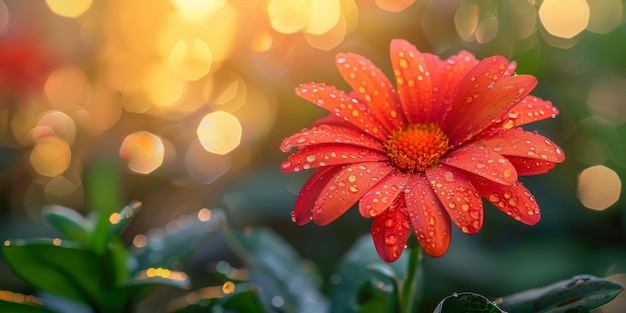 Close-up de uma margarida vermelha Gerbera coberta de orvalho contra um fundo dourado bokeh destacando as flores cor vívida e frescura