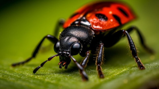 Foto close-up de uma mariposa vermelha em uma folha verde