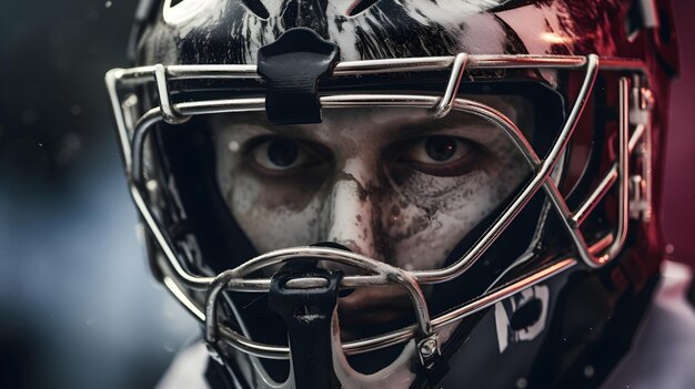 Foto close-up de uma máscara de goleiro capturando a determinação e o foco por trás do equipamento de proteção