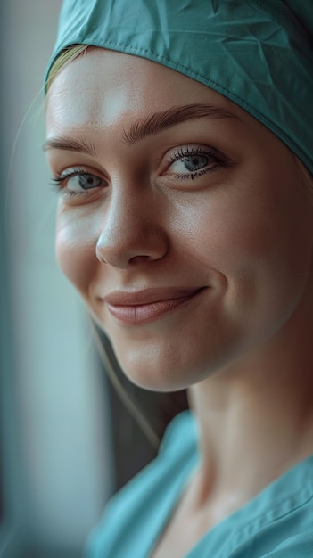 Foto close-up de uma médica sorridente com olhos azuis e boné cirúrgico