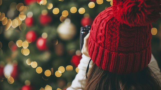 Close-up de uma menina com um chapéu vermelho e lenço segurando uma câmera em suas mãos contra uma árvore de Natal