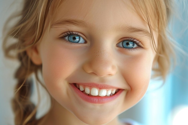 Foto close-up de uma menina europeia sorridente mostrando dentes brancos e saudáveis