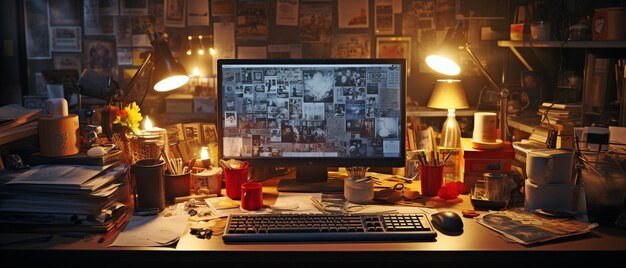 Foto close-up de uma mesa desordenada no escritório de um detetive com uma tela de computador mostrando seu perfil pessoal