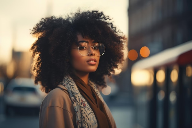 Close-up de uma mulher afro-americana com um fundo de cena da cidade