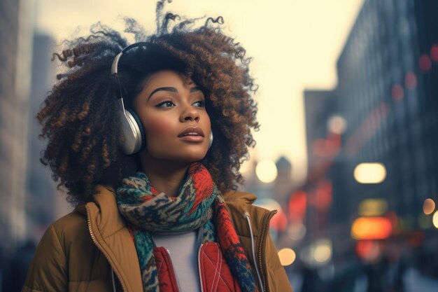 Close-up de uma mulher afro-americana com um fundo de cena da cidade