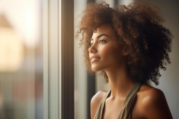 Close-up de uma mulher afro-americana contemplando uma cena de verão de sua janela