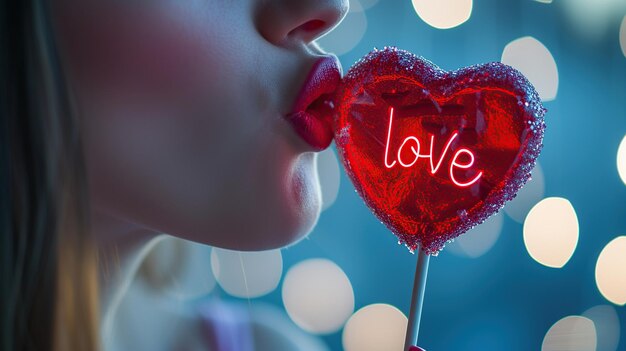Close-up de uma mulher beijando um pirulito vermelho em forma de coração com a palavra amor