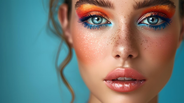 Close-up de uma mulher com maquiagem artística e criando uma bela combinação de cores de moda