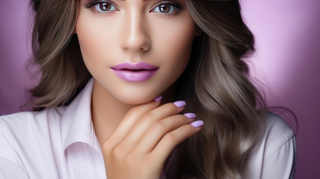 Close-up de uma mulher com maquiagem, lábios pintados, manicure perfeito e unhas pintadas em fundo branco Banner criativo para salão de beleza IA geradora