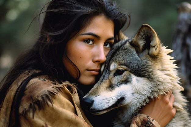Close-up de uma mulher com um lobo