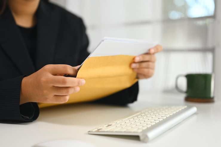 Foto close-up de uma mulher de negócios abrindo um envelope confidencial na mesa de trabalho