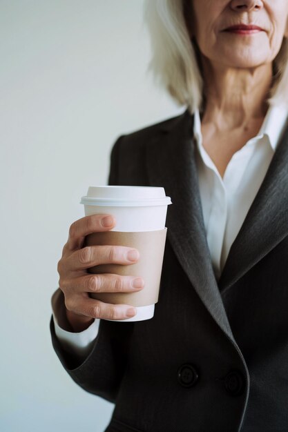 Close-up de uma mulher de negócios idosa com as mãos em um terno segurando uma xícara de café para levar
