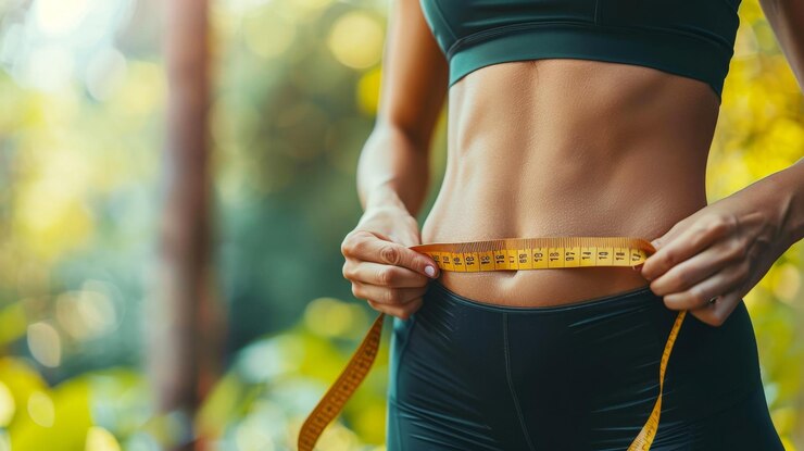 Close-up de uma mulher em forma medindo seu corpo magro com uma fita métrica em um cenário ao ar livre enfatizando fitness e um estilo de vida saudável