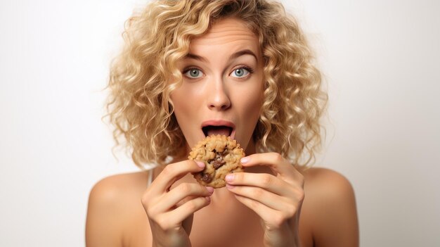 Foto close-up de uma mulher loira de cabelos cachos comendo biscoitos de chocolate desfruta de um delicioso lanche que é