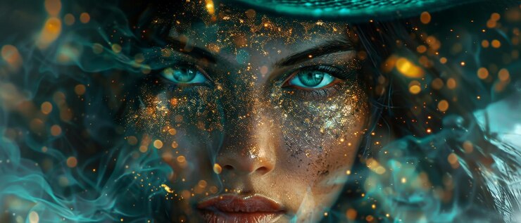 Foto close-up de uma mulher misteriosa com pintura facial brilhante e olhos azuis penetrantes cercada por uma atmosfera mística etérea