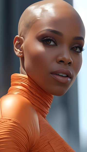 Close-up de uma mulher negra careca vestida de laranja