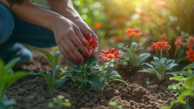 close-up de uma mulher plantando flores em um leito de flores